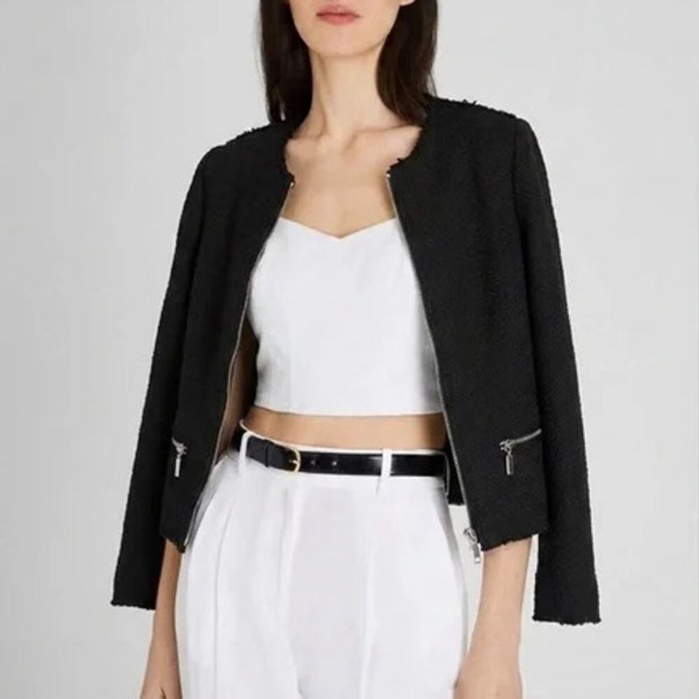 Club Monaco Black Tweed Fray Edge Zip Jacket 10 Classy Old Money Elegant Spring